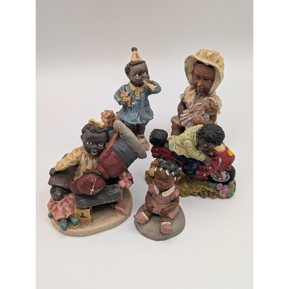 Lot of 5 Vintage African American Children Resin Figurines Toy Motorcycle Doll